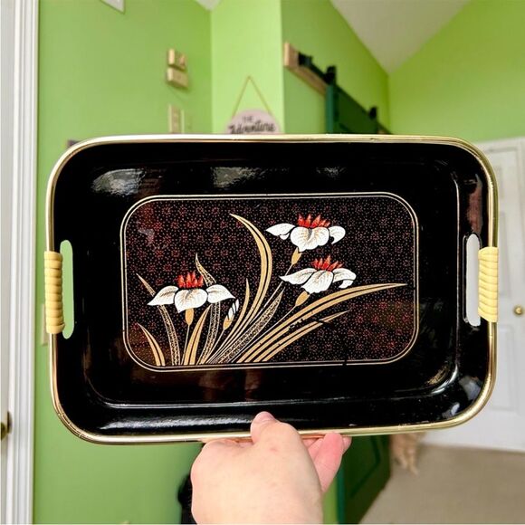 Vintage Floral Oriental Black Tray With Handles Rustic Ottoman Tabletop Storage - Picture 4 of 8